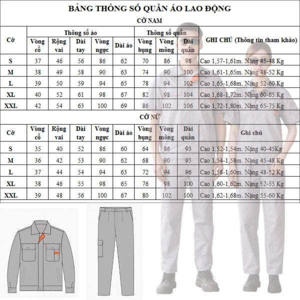 Bảng size quần áo bảo hộ mùa hè nam nữ