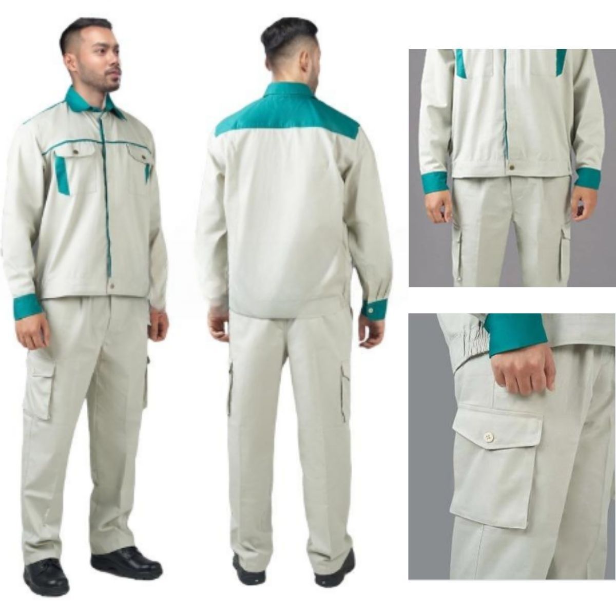 Quần áo bảo hộ may sẵn vải Pangrim màu ghi với màu xanh lục VIN 10