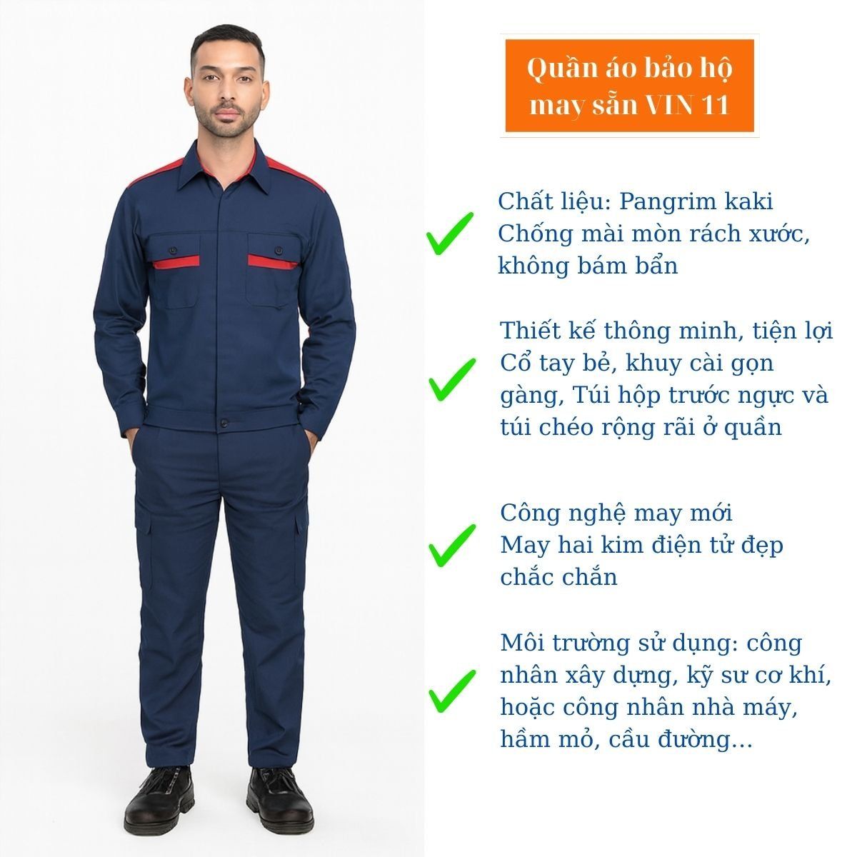Quần áo bảo hộ may sẵn vải Pangrim mềm mịn VIN 11