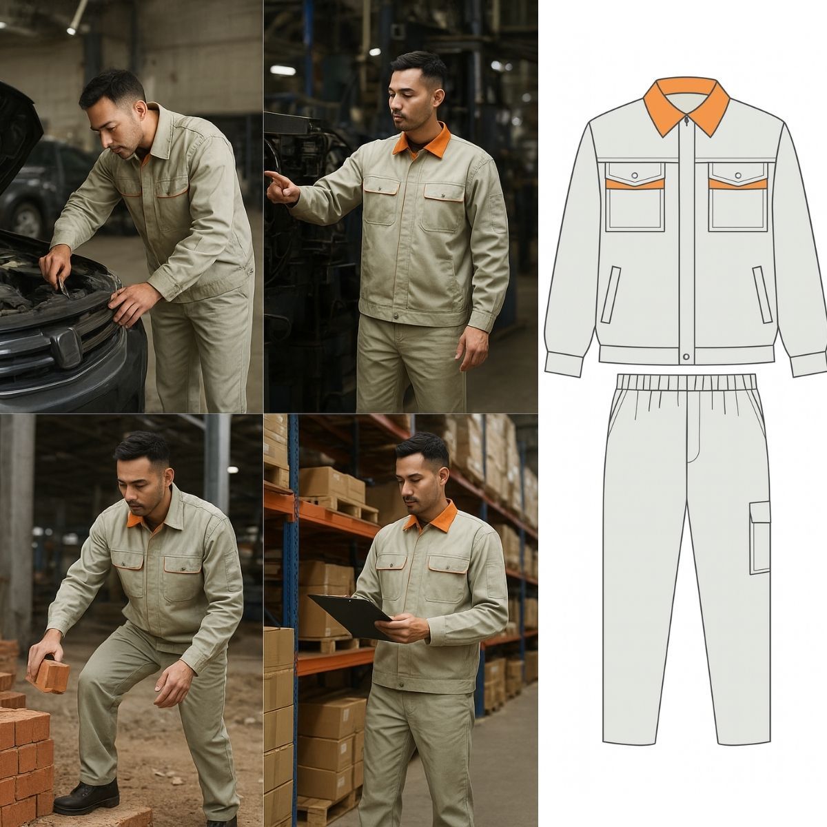 Quần áo bảo hộ may sẵn Cotton mềm VIN 04 ghi phối cam