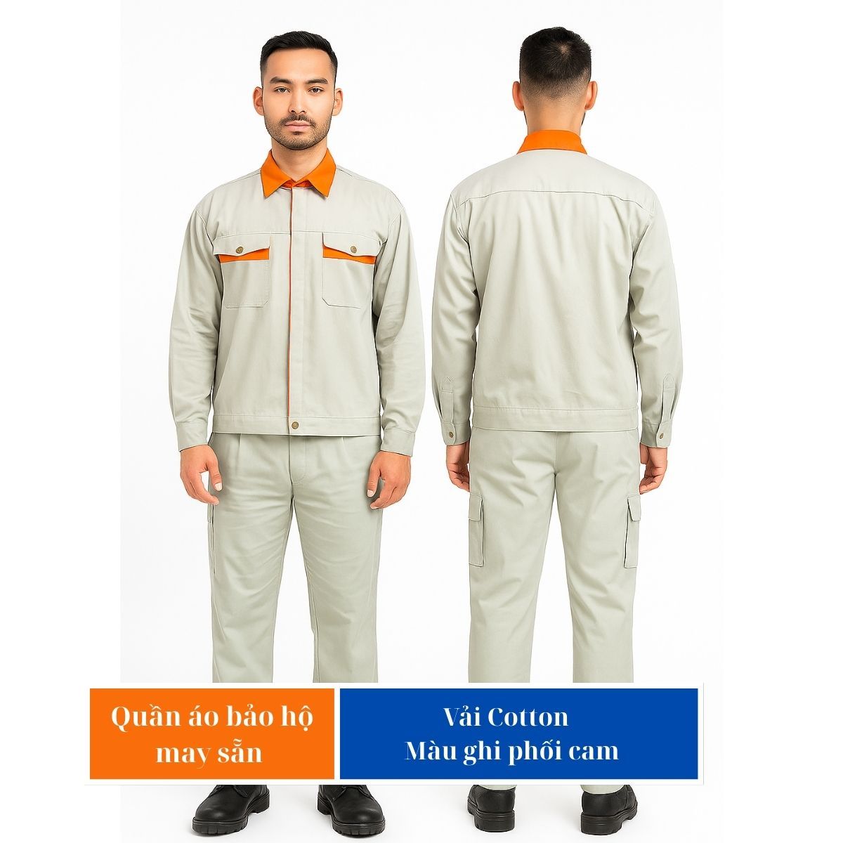 Quần áo bảo hộ may sẵn Cotton mềm VIN 04 ghi phối cam