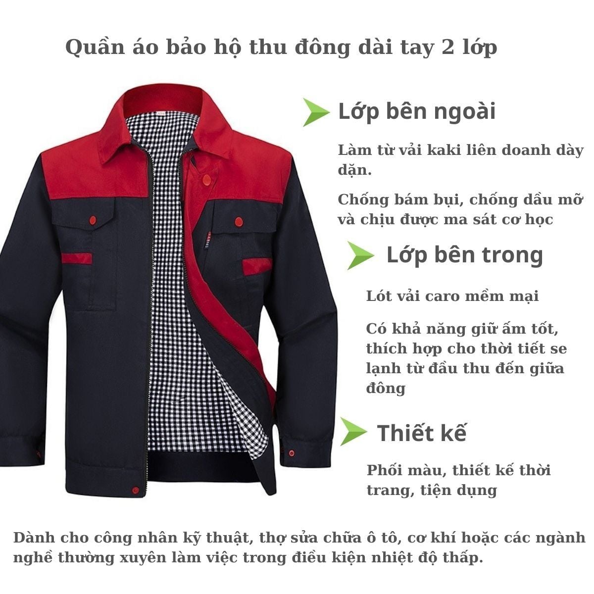 May quần áo bảo hộ thu đông dài tay 2 lớp cho nhà máy, xưởng sửa chữa