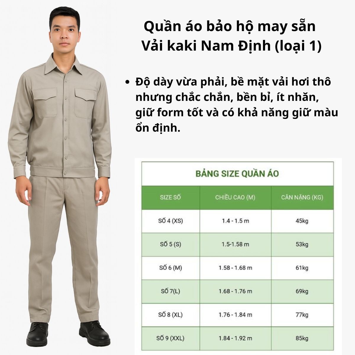 Quần áo bảo hộ may sẵn vải Kaki Nam Định (loại 1)