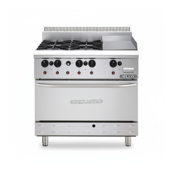 Hình ảnh Bếp Âu 4 họng có lò nướng và rán phẳng BERJAYA OB4GG1BWO-17 chính diện