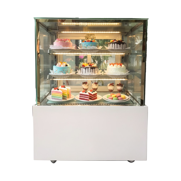 Hình ảnh Tủ bánh kem 3 tầng kính vuông Snow Queen 90cm sấy kính 2 mặt chính diện