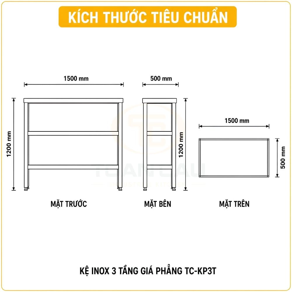 Kệ inox 3 tầng giá phẳng TC-KP3T