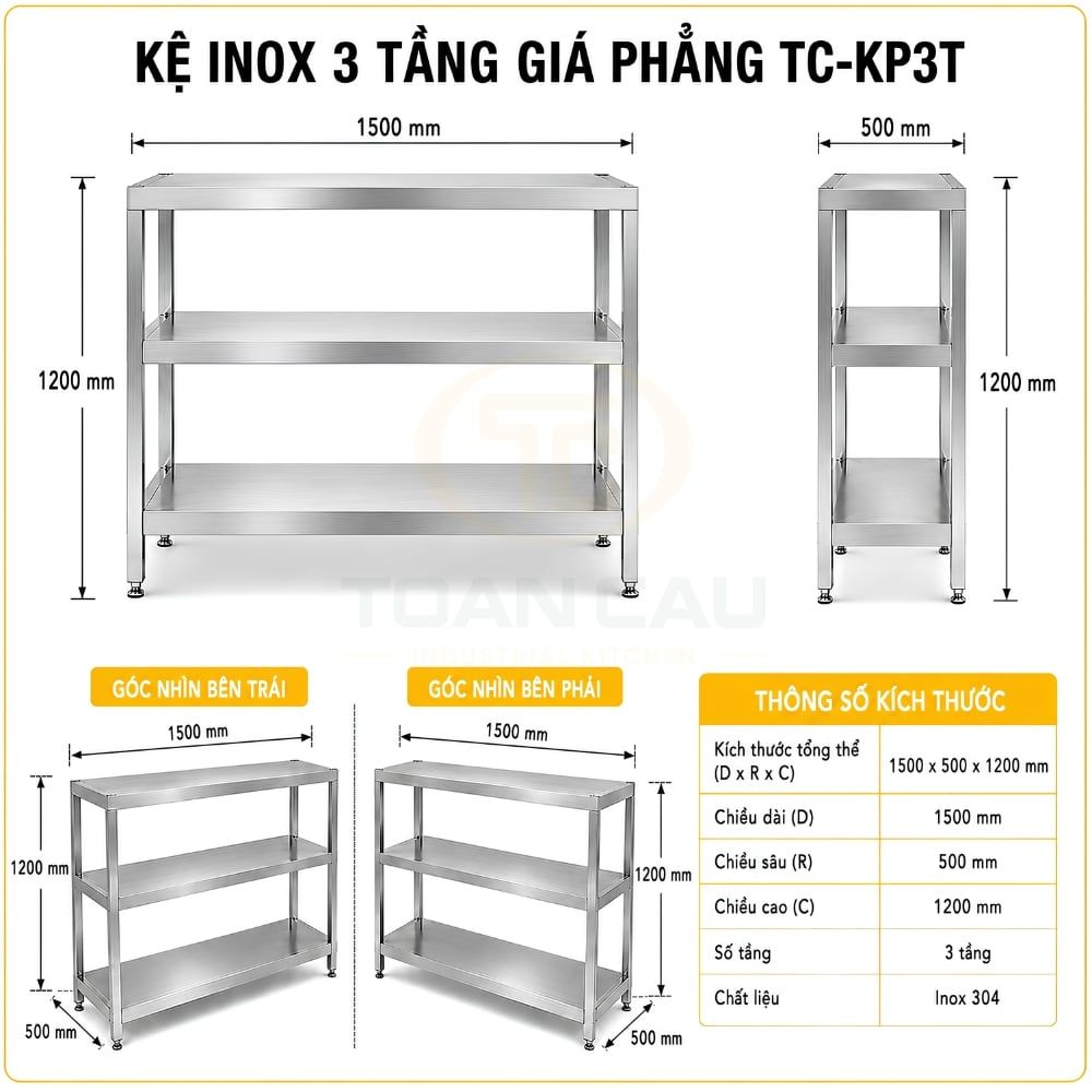 Kệ inox 3 tầng giá phẳng TC-KP3T