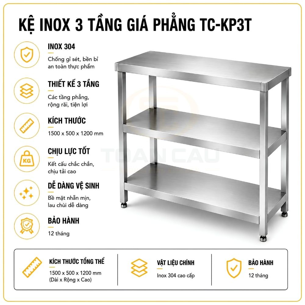 Kệ inox 3 tầng giá phẳng TC-KP3T
