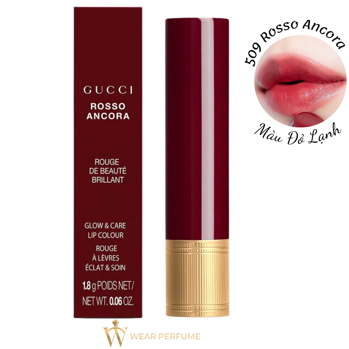  Son Dưỡng Gucci Rouge De Beauté Brillant 509 Gucci Rosso Ancora - Màu Đỏ Lạnh 