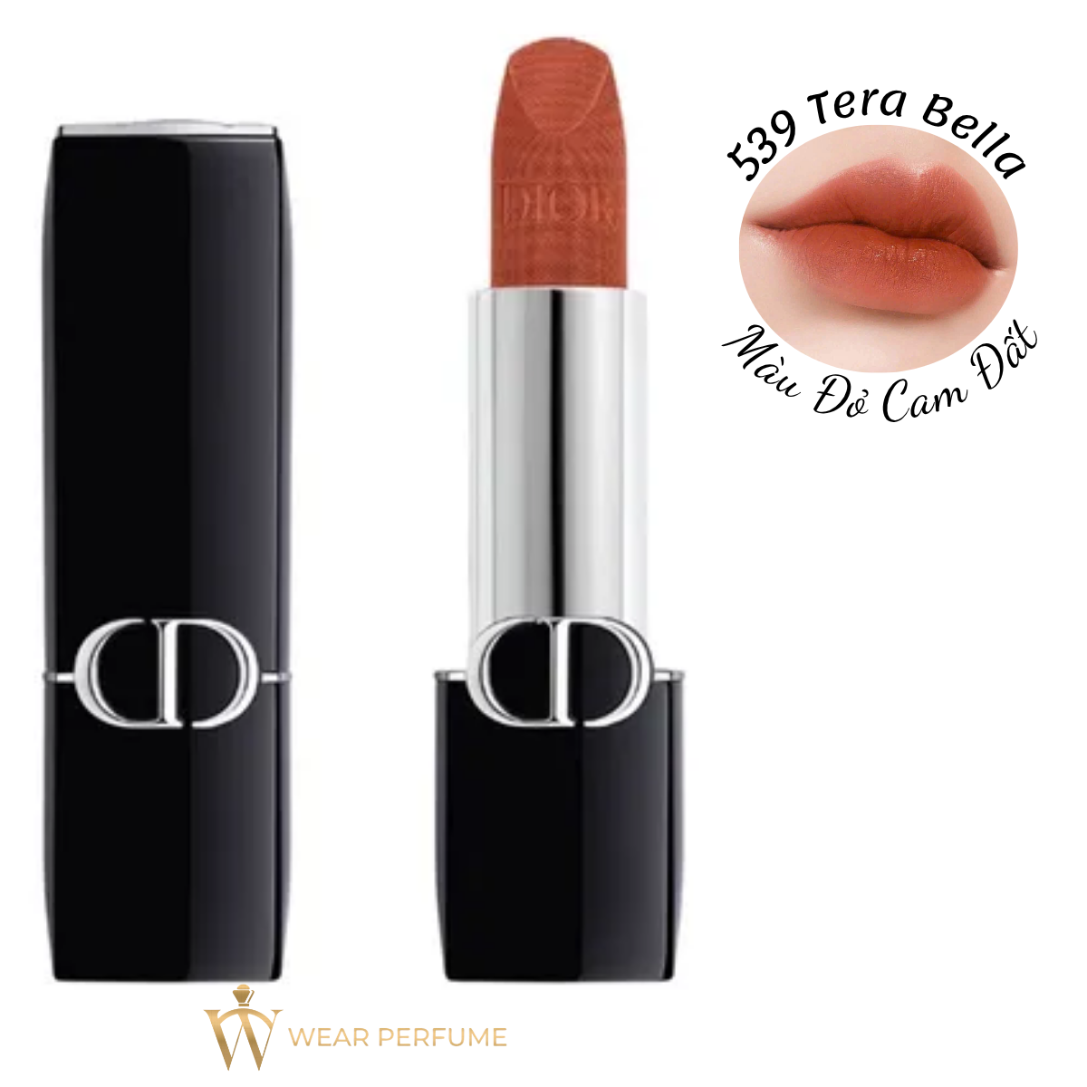  Son Dior Rouge Velvet 539 Tera Bella - Màu Đỏ Cam Đất (Phiên Bản Nắp Châm) - Tặng Túi Giấy Dior 