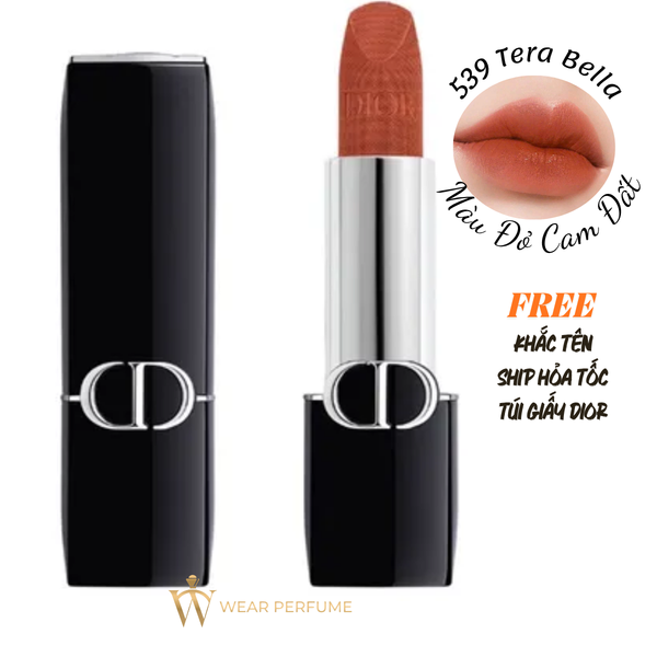  Son Dior Rouge Velvet 539 Tera Bella - Màu Đỏ Cam Đất (Phiên Bản Nắp Châm) - Tặng Túi Giấy Dior 