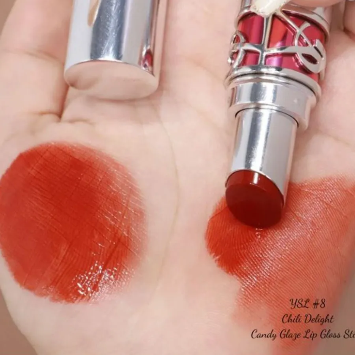  Son Dưỡng YSL Rouge Volupte Candy Glaze 08 Chili Delight - Màu Đỏ Cam Cháy 