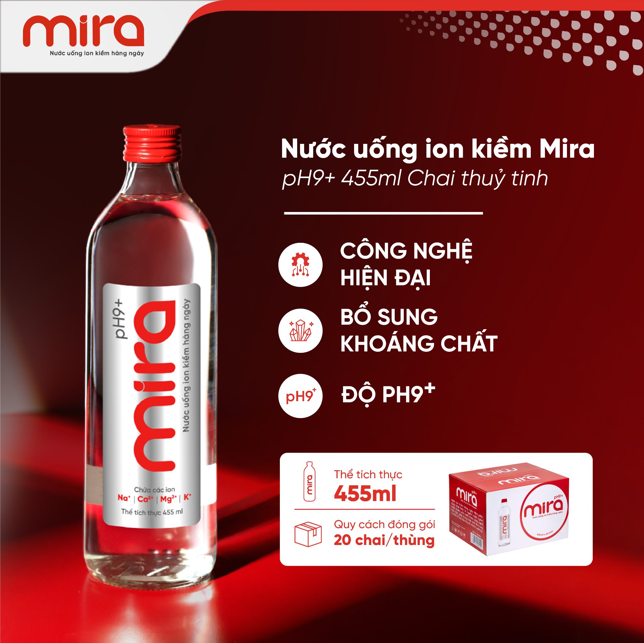 Nước ion kiềm Mira chai thuỷ tinh 455ml