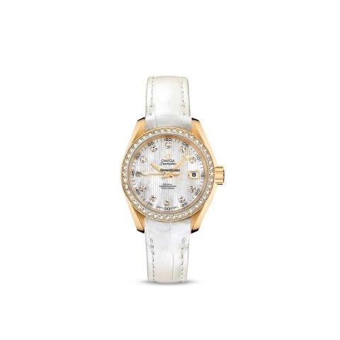 Omega Aqua Terra nữ 30mm vàng 18K, niềng & cọc kim cương zin, mặt MOP, máy Cal.8521 trữ cót 50h. Hàng new fullbox tại VNLUX.