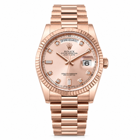 Rolex Day-Date 118235 Vàng Hồng Everose 18K – Mặt Sundust Kim Cương Baguette 6-9 like new