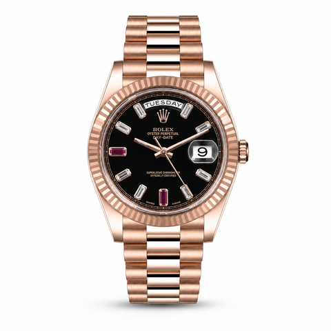 Rolex Day-Date 218235 Vàng Hồng 18K Mặt Đen Cọc Số Baguette Ruby Đỏ like new