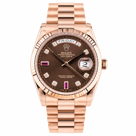 Rolex Day-Date 118235 Vàng Hồng 18K – Tuyệt Tác Chocolate Dial Ruby Diamond Của Dòng Rolex President