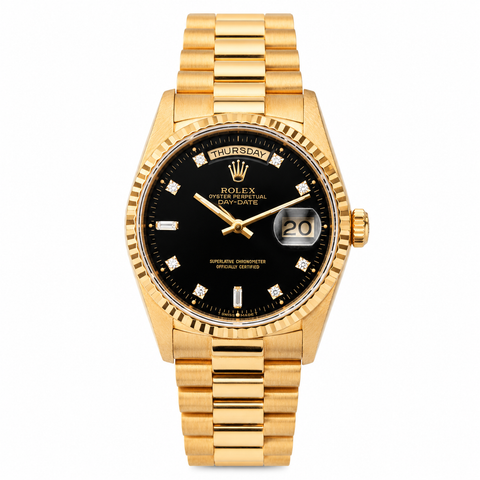 Rolex Day-Date 18238 Full Gold 18K – Mặt Đen Bao Công Kim Cương Hiếm Size 36mm like new 97%