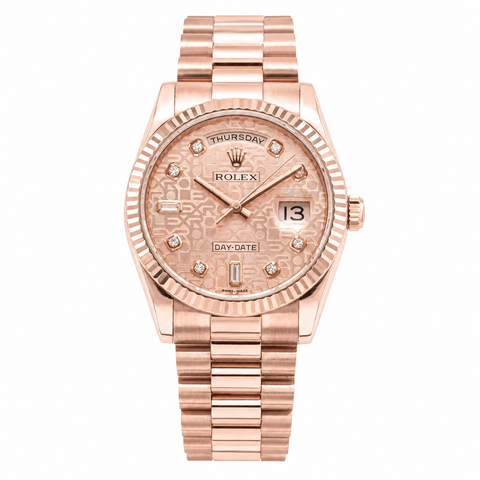 Rolex Day-Date 118235 Vàng Hồng 18K Everose Gold Mặt Vi Tính Hồng Diamond Dial Kim Cương Baguette 6-9 Dây President 2013 l98% like new