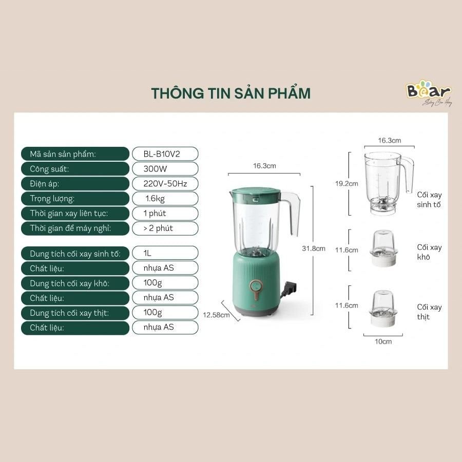 Máy xay sinh tố Bear 3 cối đa năng BL-B10V2 (Bản Quốc Tế)