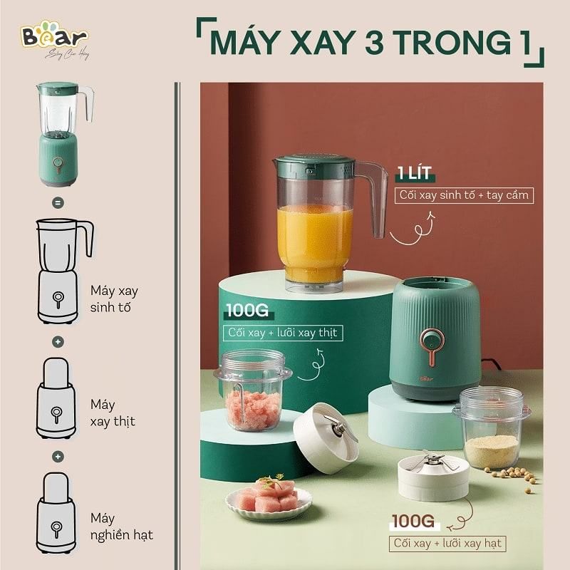 Máy xay sinh tố Bear 3 cối đa năng BL-B10V2 (Bản Quốc Tế)