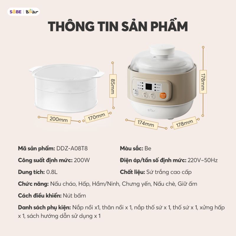 Nồi nấu chậm Bear 0.8L DDZ-A08T8