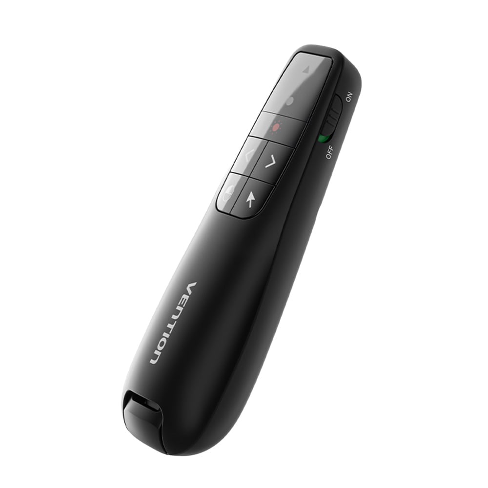 Vention Wireless PowerPoint Presentation Clicker with Air Mouse Control Green Laser Pointer – Black (KQPB0-GL) - Color box Vention Wireless PowerPoint Presentation Clicker with Air Mouse Control Green Laser Pointer – Black (KQPB0-GL) - Color box
