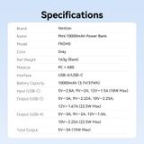  Pin Dự Phòng VENTION FKO 10000mAh 22.5W (1*Type-C + 1*USB-A port, with Built-in Type-C Lanyard Cable, LED Display Type) 