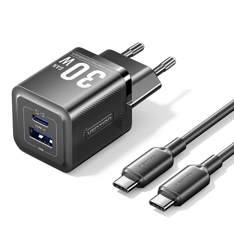 Vention 2-Port USB (C + A) GaN Charger (30W/30W) with USB-C to USB-C Cable (1M) EU-Plug Black ( TZ-FEQB0-EU-01 ) Vention 2-Port USB (C + A) GaN Charger (30W/30W) with USB-C to USB-C Cable (1M) EU-Plug Black ( TZ-FEQB0-EU-01 )
