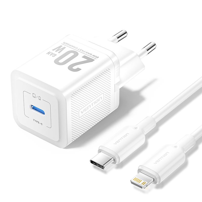 Vention 1-Port USB-C GaN Charger (20W) with USB-C to Lightning Cable (1M) EU-Plug White ( TZ-FEPW0-EU-02) - Color box Vention 1-Port USB-C GaN Charger (20W) with USB-C to Lightning Cable (1M) EU-Plug White ( TZ-FEPW0-EU-02) - Color box