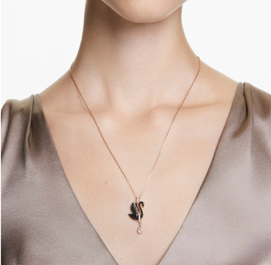  Dây chuyền thiên nga đen mạ vàng hồng size lớn Swarovski - Swarovski Swan pendant Black, Rose gold-tone plated 5678045 