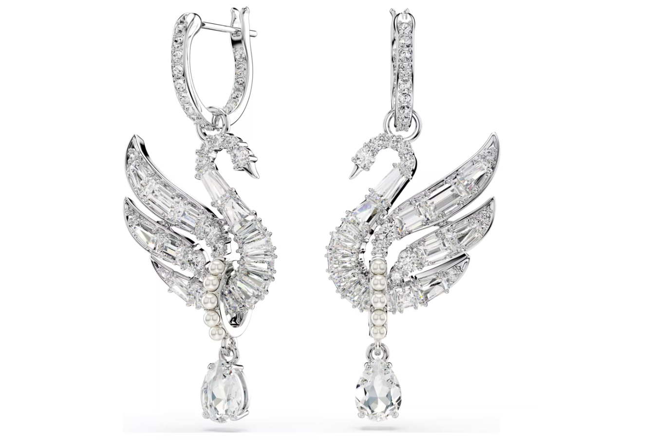  Khuyên tai thiên nga trắng mix pha lê Swarovski - Swarovski Swan earrings, White, Rhodium plated 5723388 