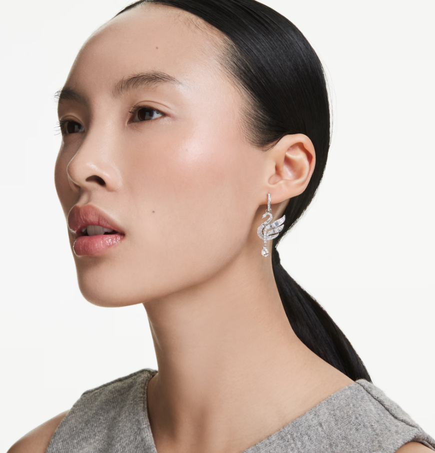  Khuyên tai thiên nga trắng mix pha lê Swarovski - Swarovski Swan earrings, White, Rhodium plated 5723388 