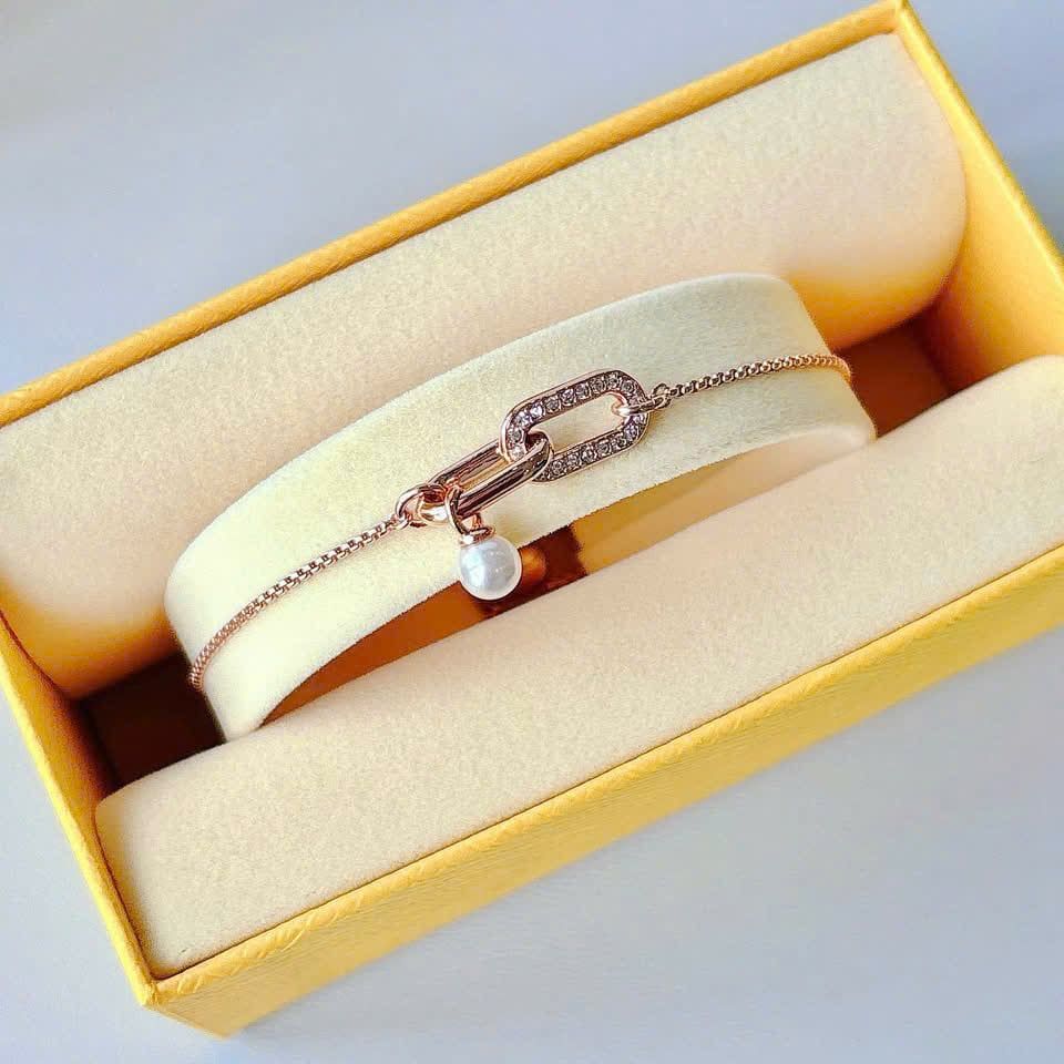  Lắc tay Swarovski Constella ngọc trai vàng hồng - Swarovski Constella bracelet, Crystal pearl, Round cut, White, 18K rose gold finish 
