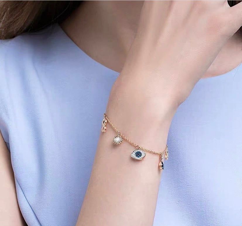  Lắc tay Swarovski charm Infinity Evil eye vàng hồng - Swarovski Symbolic bracelet Infinity, evil eye and horseshoe, Blue, Rose gold-tone plated 