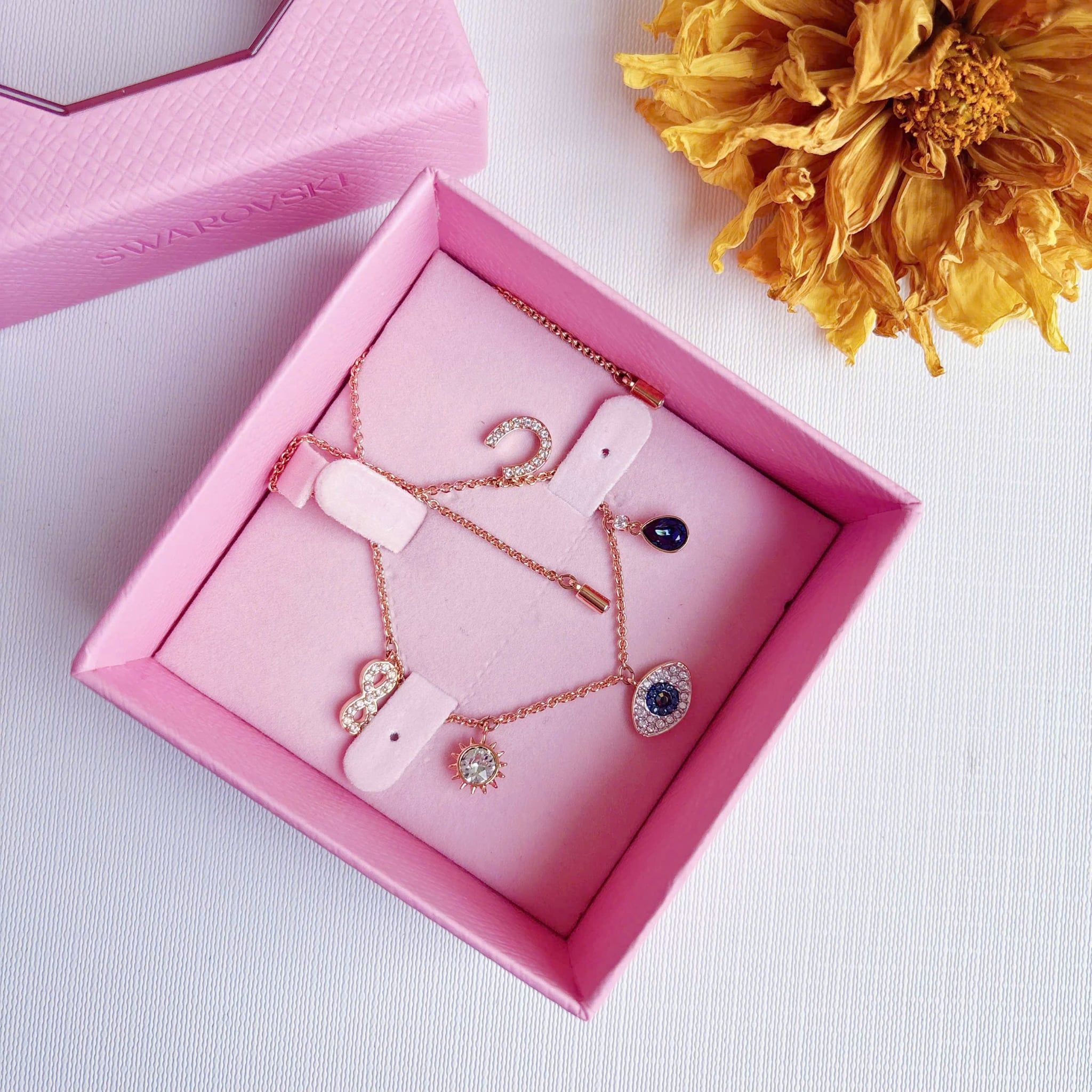  Lắc tay Swarovski charm Infinity Evil eye vàng hồng - Swarovski Symbolic bracelet Infinity, evil eye and horseshoe, Blue, Rose gold-tone plated 