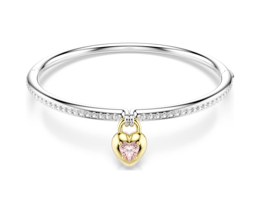  Vòng tay cứng Swarovski Idyllia đính khoá trái tim 2 mặt - Swarovski Idyllia bangle, Mixed cuts, Heart, Pink, Mixed metal finish 