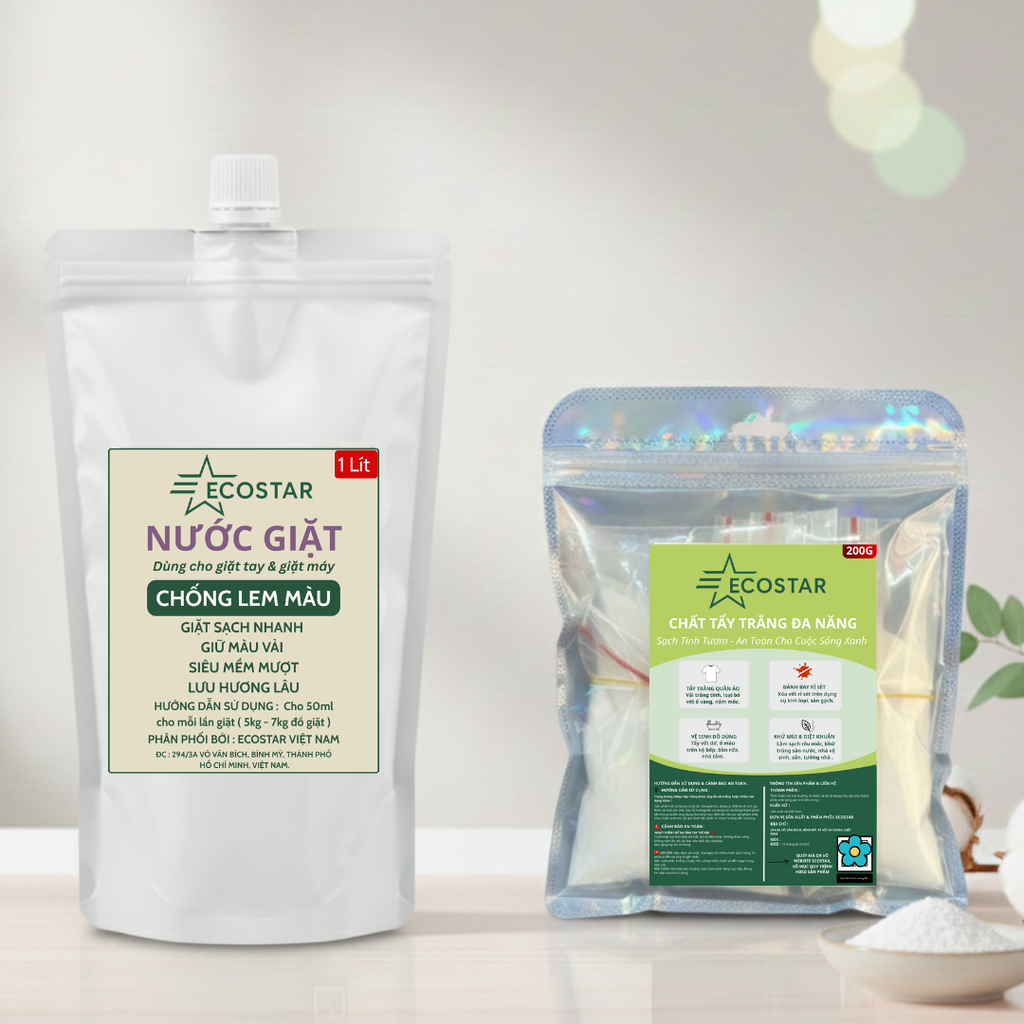 Combo Bột Tẩy Trắng Đa Năng Ố Vàng 200g & Nước Giặt Chống Lem Màu 1L ECOSTAR, Tẩy Mốc Quần Áo Trắng Tinh