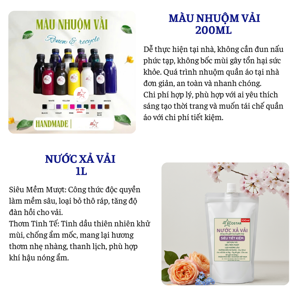Nước xả vải mềm mượt quần áo 1 lít tặng 1 chai màu nhuộm vải Ecostar 200ml