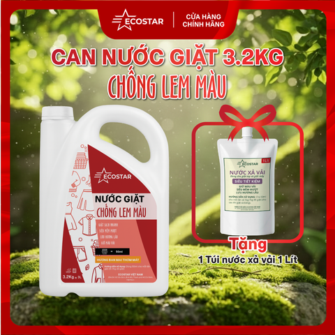 Nước Giặt Ecostar Chống Lem Màu 3,2Kg TẶNG Nước Xả Vải Ecostar 1L , Giặt Sạch – Mềm Thơm – Tiết Kiệm