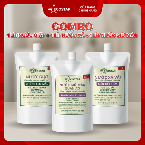 Combo Ecostar 3in1: Chất giữ màu quần áo chống phai, Nước giặt 1L chống lem màu & Nước xả vải mềm mượt (3 x 1 Lít)