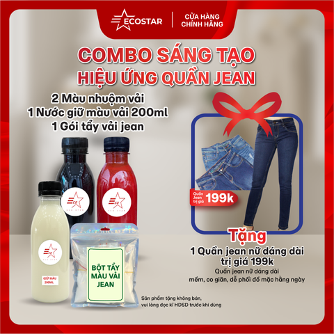 Combo: Nhuộm hiệu ứng Jean sáng tạo, Màu nhuộm vải 2 lọ, Chất giữ màu chống phai 200ml, kèm tặng, Quần Jeans Nữ