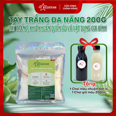 Tẩy Trắng Đa Năng Ecostar 1 Gói | Tặng 1 Chai Màu Nhuộm & 1 Chai Giữ Màu 200ml – Làm Sạch, Bảo Vệ & Phục Hồi Màu Quần Áo