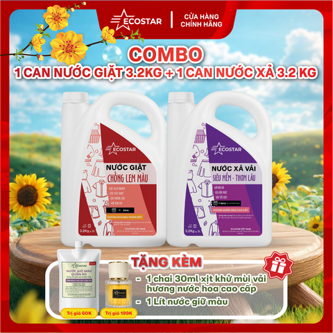 Combo Can Nước Giặt 3,2kg & Can Nước Xả 3,2kg Giặt Sạch Thơm Lâu – Tặng Xịt Khử Mùi Vải Hương Nước Hoa Cao Cấp & Nước Giữ Màu 1L