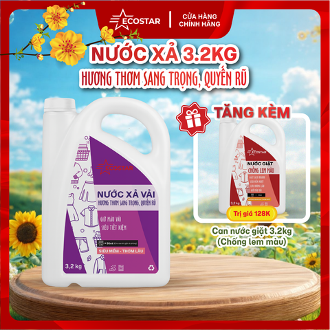 Nước Xả Vải Ecostar 3.2kg Hương Thơm Sang Trọng - Tặng Can Nước Giặt Sạch Sâu 3.2kg Chống Lem Màu