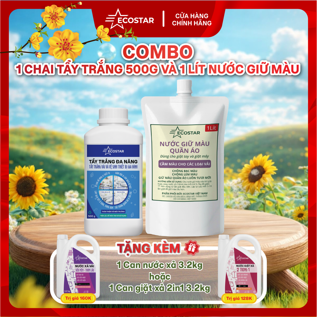 Bộ Đôi Tẩy Trắng Đa Năng và Giữ Màu Vải Ecostar Chống Lem Màu - Tặng Can Nước Giặt Xả 3.2kg [Combo Siêu Hời]