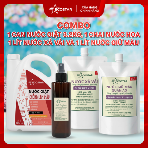 Combo Can Nước Giặt Chống lem màu 3.2kg, Nước Xả Vải Mềm Mượt 1 Lít kèm 1 Lít Nước Giữ Màu Quần Áo Chống Phai, 1 Chai Xịt Tinh Dầu Mềm Vải 200ml