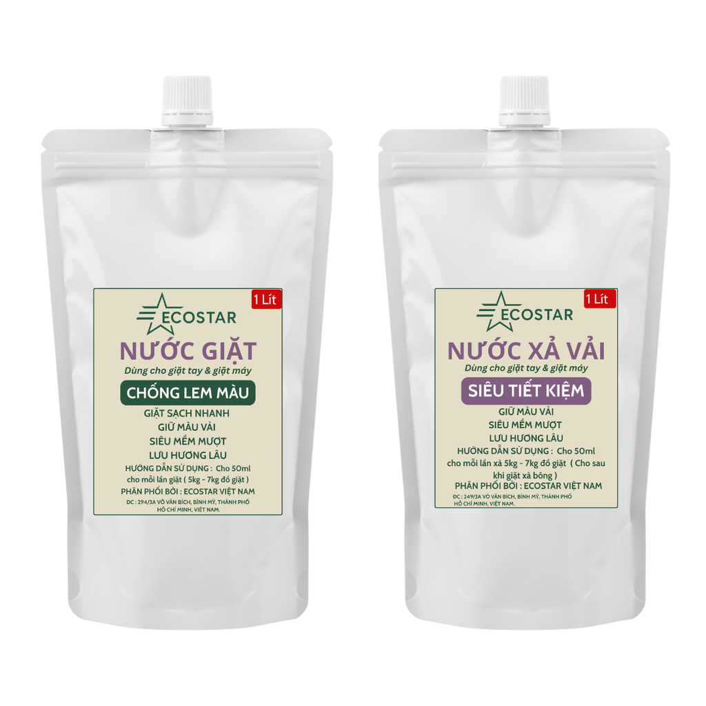 Combo Ecostar 3in1: Chất giữ màu quần áo chống phai, Nước giặt 1L chống lem màu & Nước xả vải mềm mượt (3 x 1 Lít)