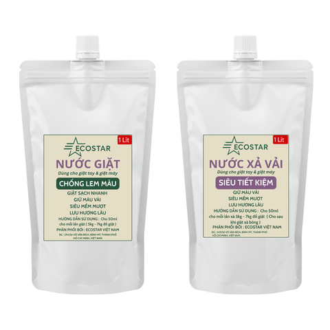 Combo Ecostar 3in1: Chất giữ màu quần áo chống phai, Nước giặt 1L chống lem màu & Nước xả vải mềm mượt (3 x 1 Lít)