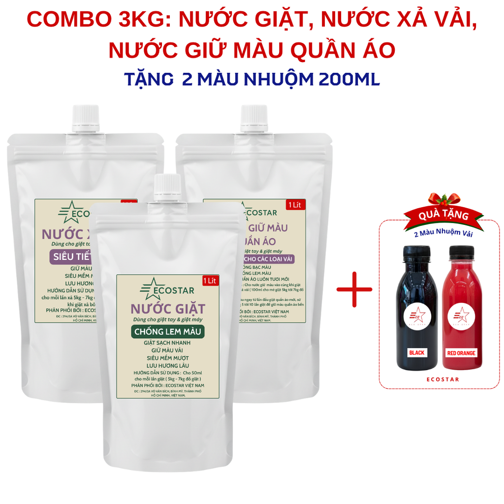 Nước giặt 1L chống lem , tặng 1L nước xả vải mềm mượt & 1L chất giữ màu quần áo chống phai